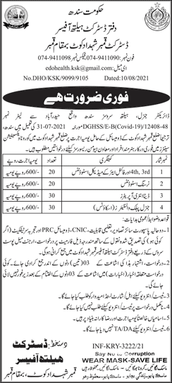 Health Department Qamber Shahdadkot Jobs August 2021 Medical / Nursing Students, Data Entry Operators & Others Latest