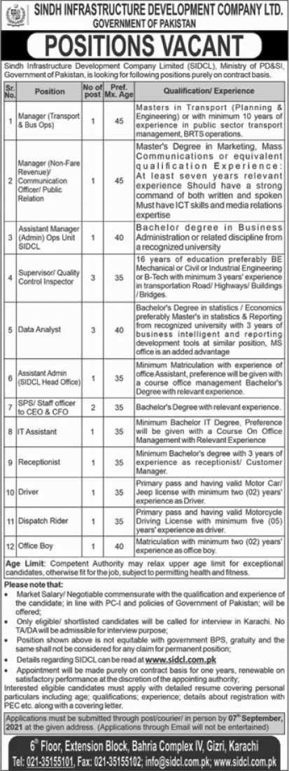 Sindh Infrastructure Development Company Limited Jobs 2021 August SIDCL Supervisors & Others Latest