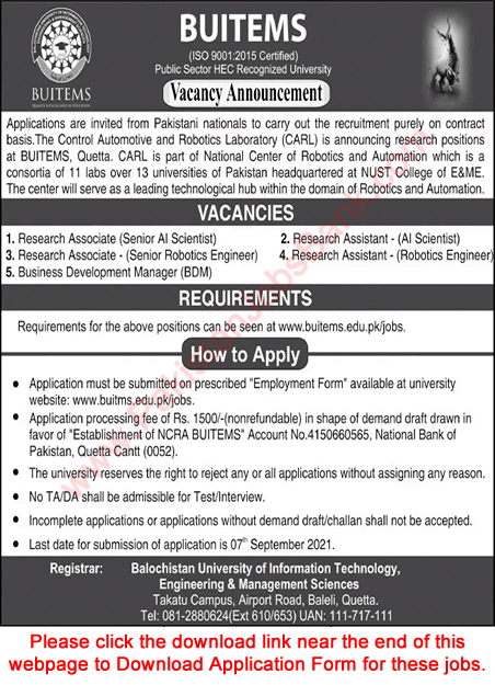 BUITEMS University Quetta Jobs August 2021 Application Form Research Associate / Assistants & Others Latest