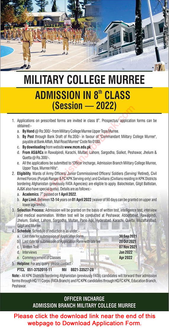 Military College Murree Admission 8th Class 2021-2022 Application Form Download Latest