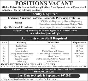 Minhaj University Lahore Jobs August 2021 Clerks, Teaching Faculty & Others Latest