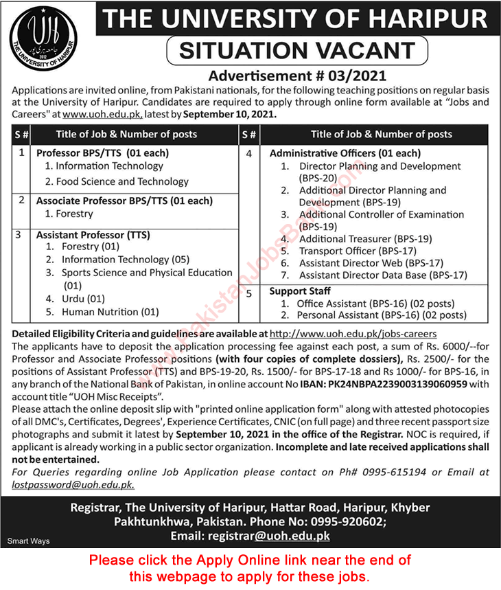 University of Haripur Jobs August 2021 Apply Online Assistant Directors & Others Latest