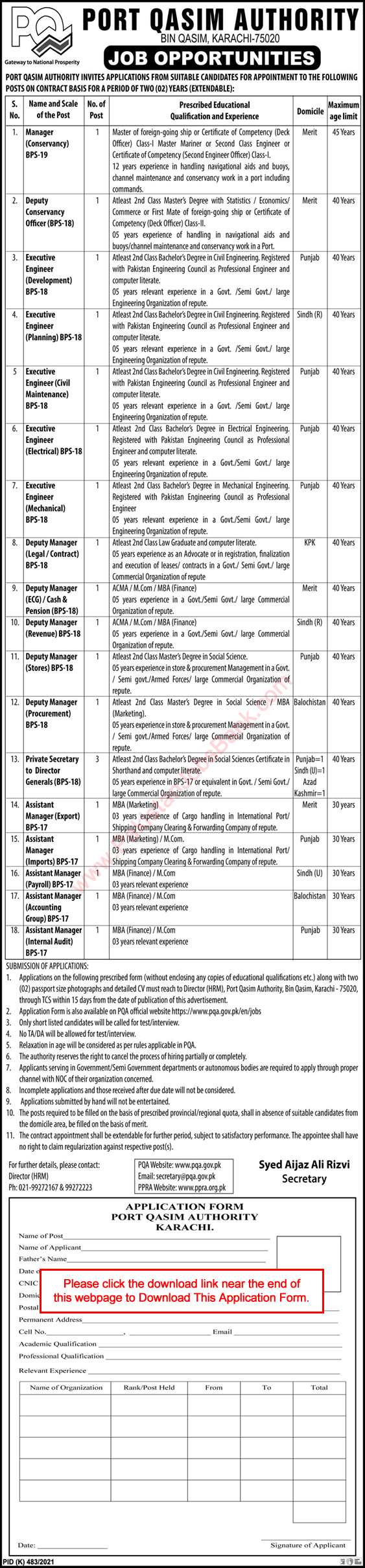 Port Qasim Authority Karachi Jobs August 2021 PQA Application Form Assistant Managers, Engineers & Others Latest