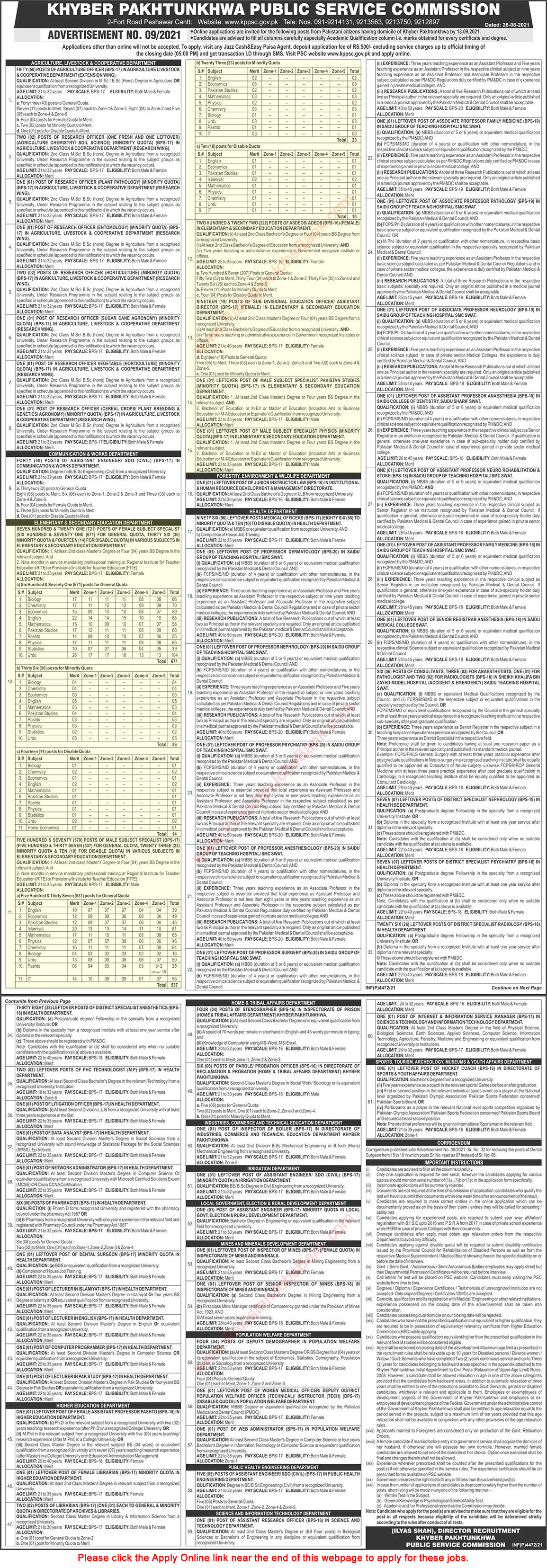 Elementary and Secondary Education Department KPK Jobs August 2021 September KPPSC Online Apply Subject Specialists & Others Latest