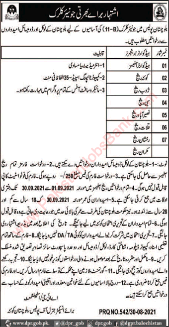 Clerk Jobs in Balochistan Police August 2021 September Latest