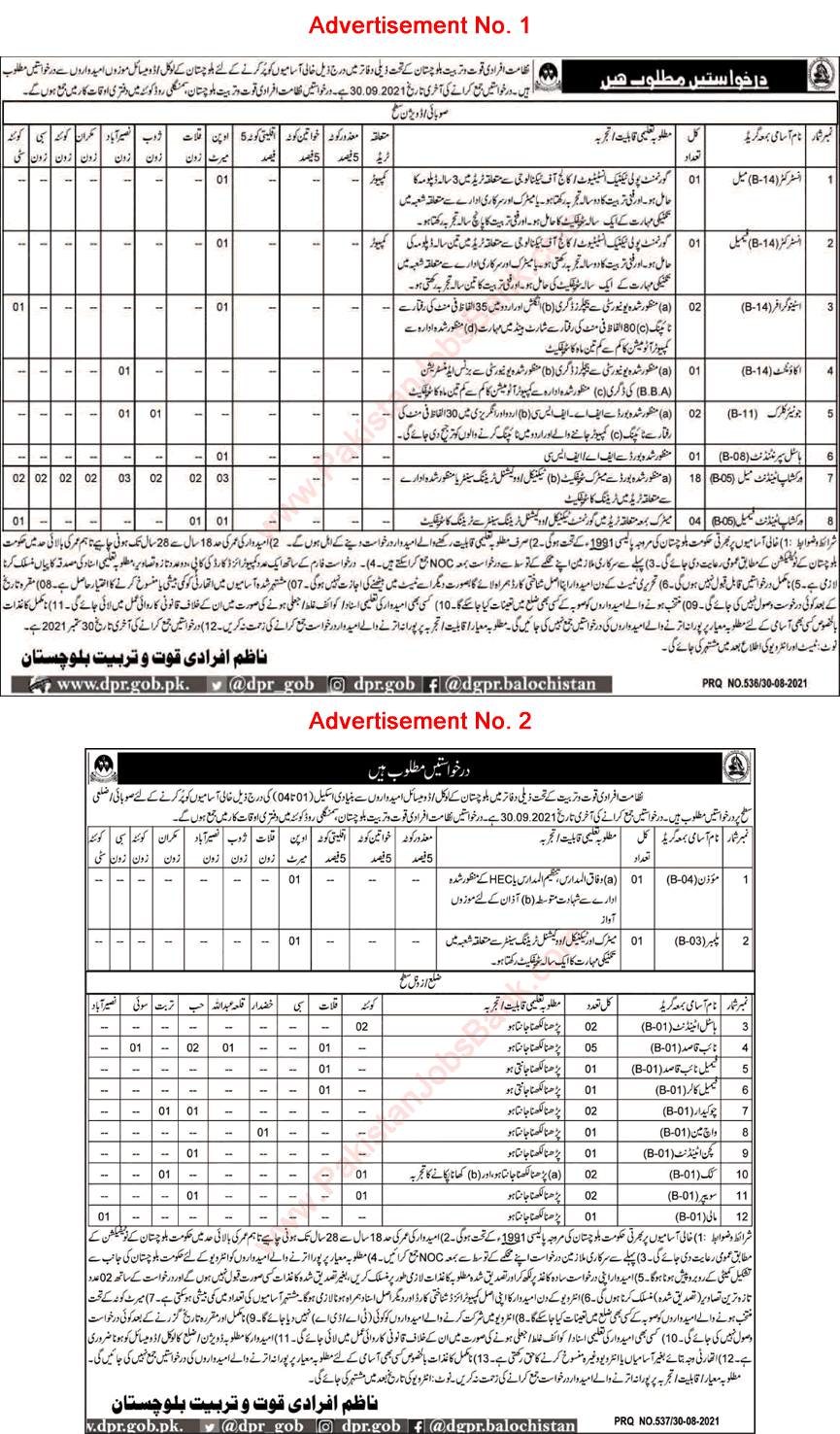 Directorate of Manpower and Training Balochistan Jobs 2021 August / September Workshop Attendants & Others Latest