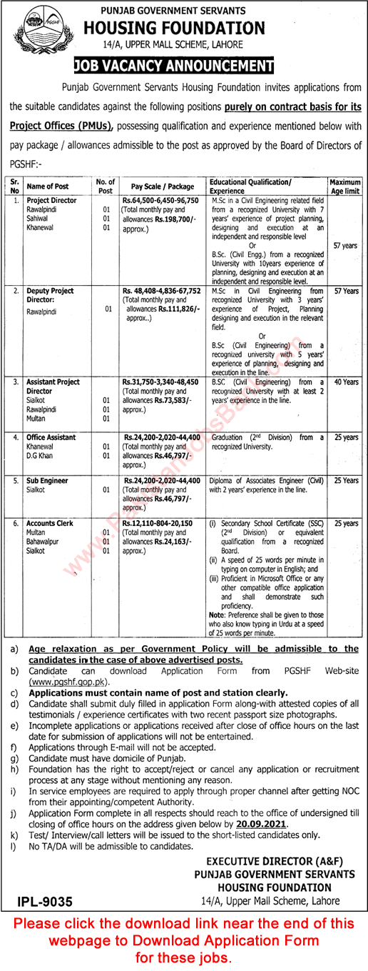 Punjab Government Servants Housing Foundation Jobs 2021 September Application Form Clerks, Office Assistants & Others Latest
