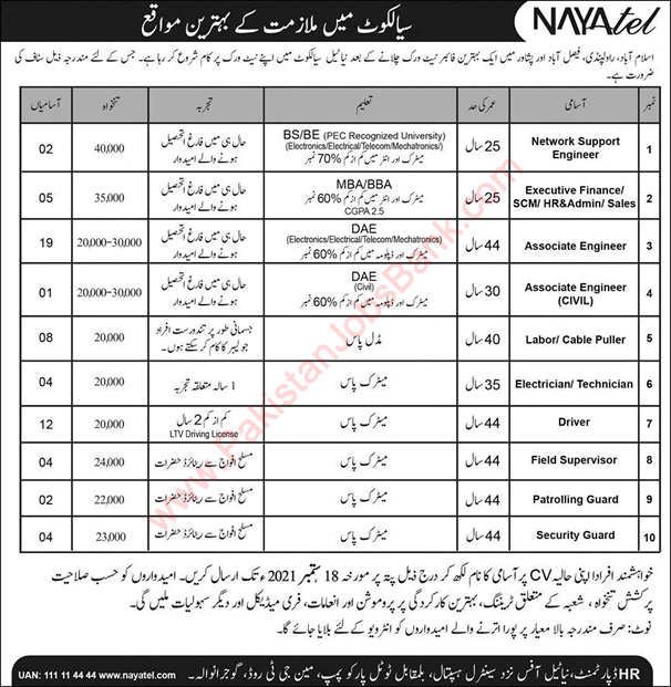 Nayatel Sialkot Jobs September 2021 Associate Engineers, Drivers & Others Latest