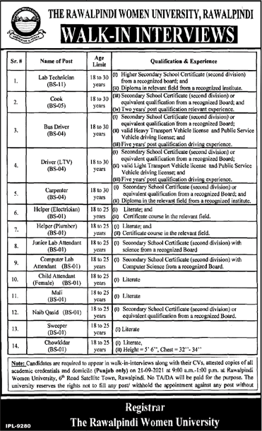 Rawalpindi Women University Jobs September 2021 RWU Walk In Interview Lab Attendants & Others Latest