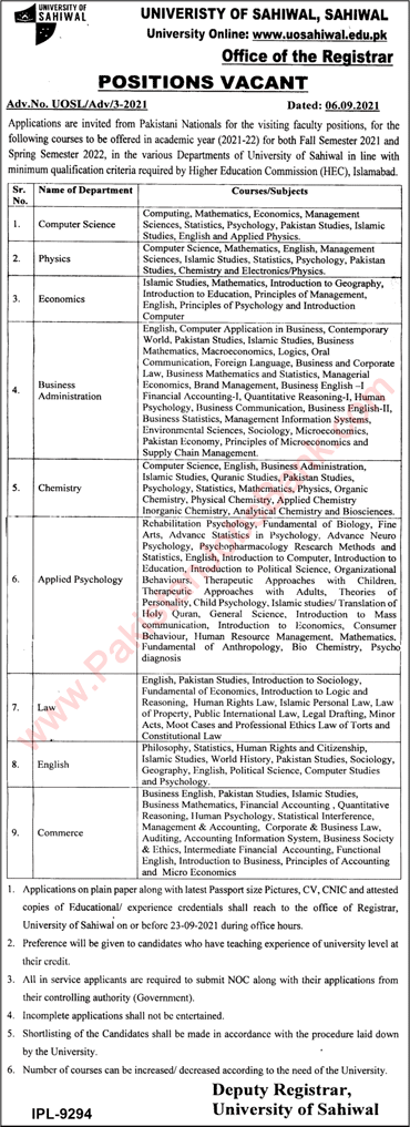 Teaching / Visiting Faculty Jobs in University of Sahiwal September 2021 Latest