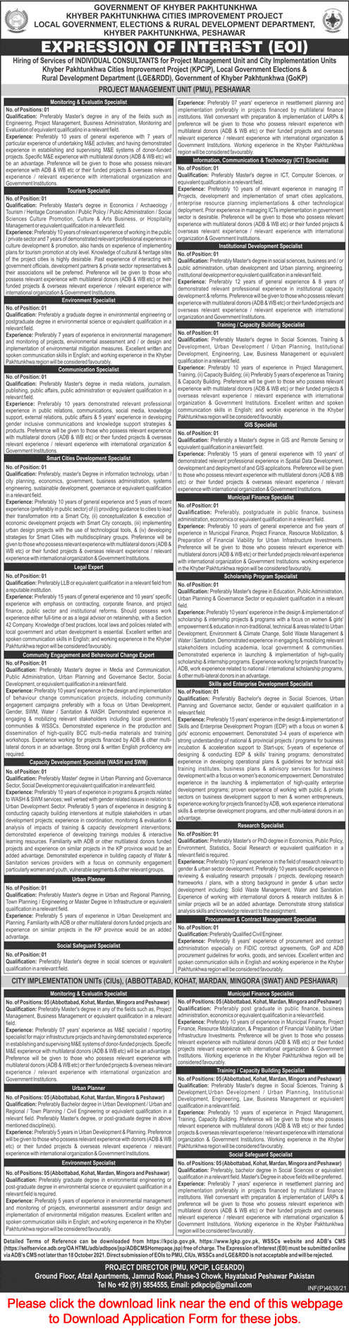 Local Government Election and Rural Development Department KPK Jobs 2021 September Application Form Latest