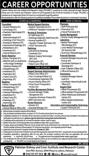 PKLI Jobs September 2021 Lahore Pakistan Kidney and Liver Institute and Research Center PKLI&RC Latest