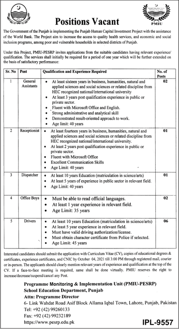 School Education Department Punjab Jobs September 2021 PMIU PESRP Latest