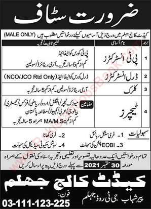 Cadet College Jhelum Jobs September 2021 Teachers, Clerks & PT / Drill Instructors Latest