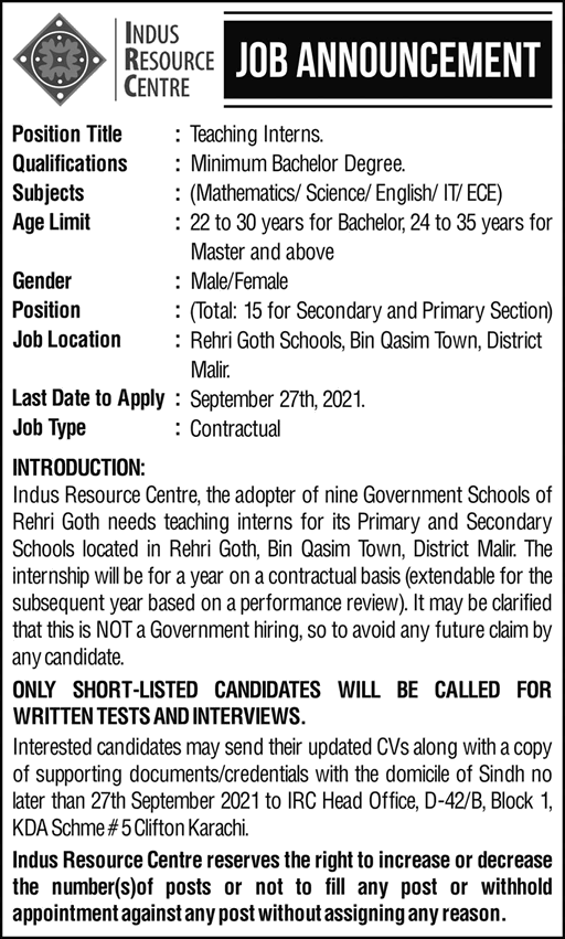 Teaching Intern Jobs in Indus Resource Center Karachi 2021 September IRC Latest