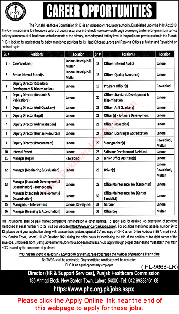 Punjab Healthcare Commission Jobs September 2021 Apply Online PHC Managers, Officers & Others Latest