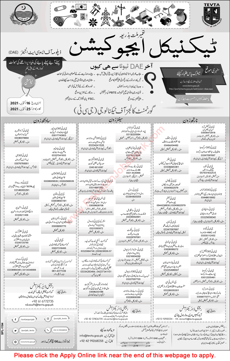 TEVTA Free Courses in Punjab September 2021 Apply Online Government College of Technology GCT Latest