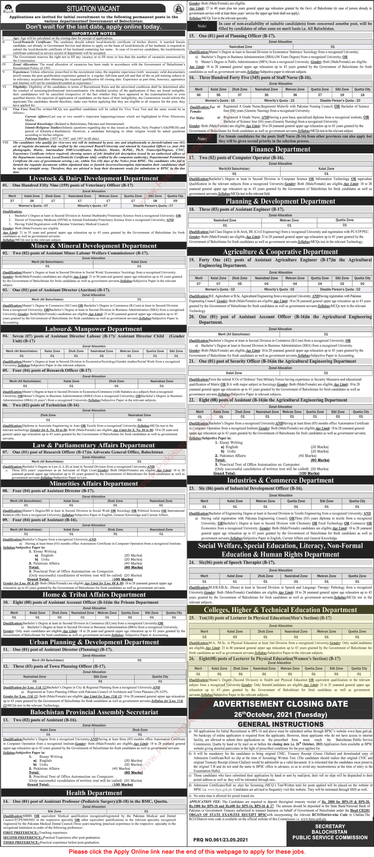 Lecturer Jobs in College Higher and Technical Education Department Balochistan September 2021 BPSC Apply Online Latest