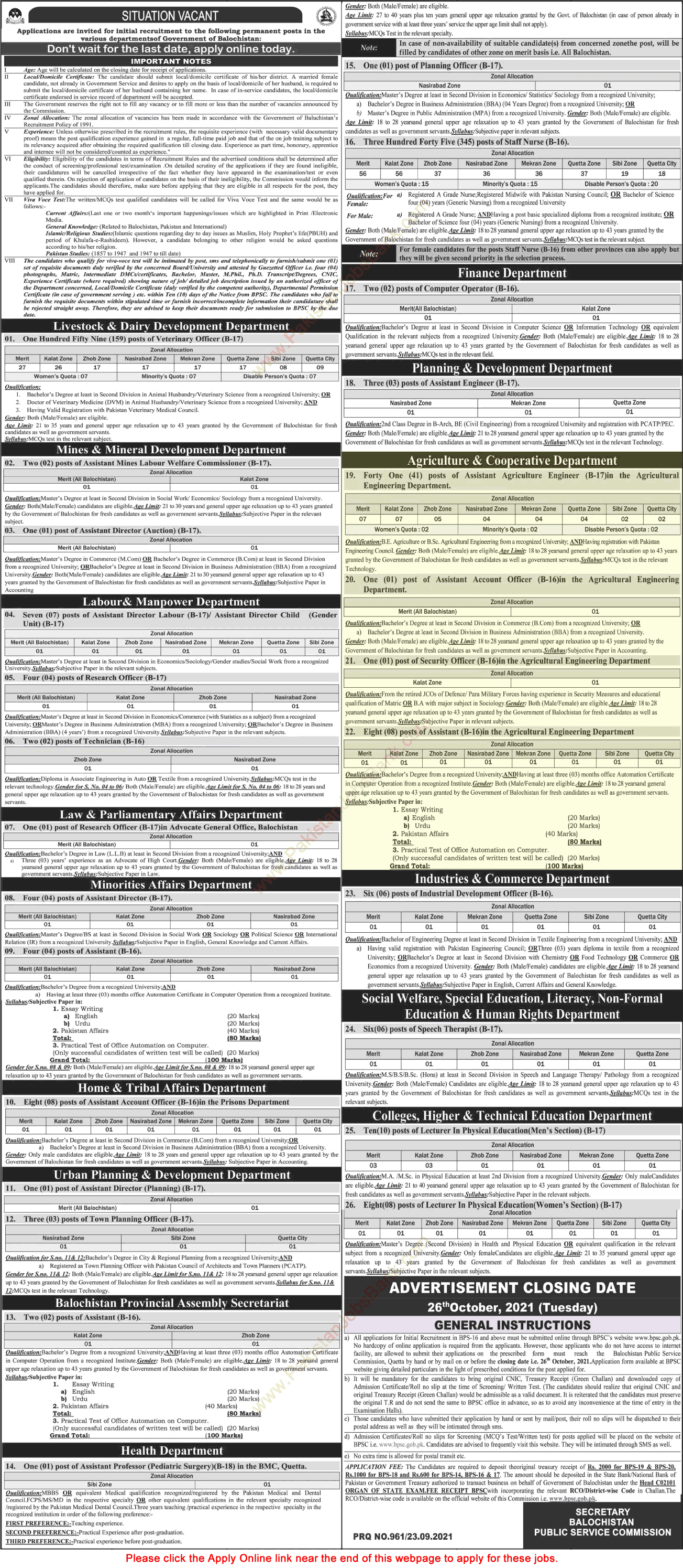 Agriculture and Cooperative Department Balochistan Jobs September 2021 BPSC Apply Online Latest