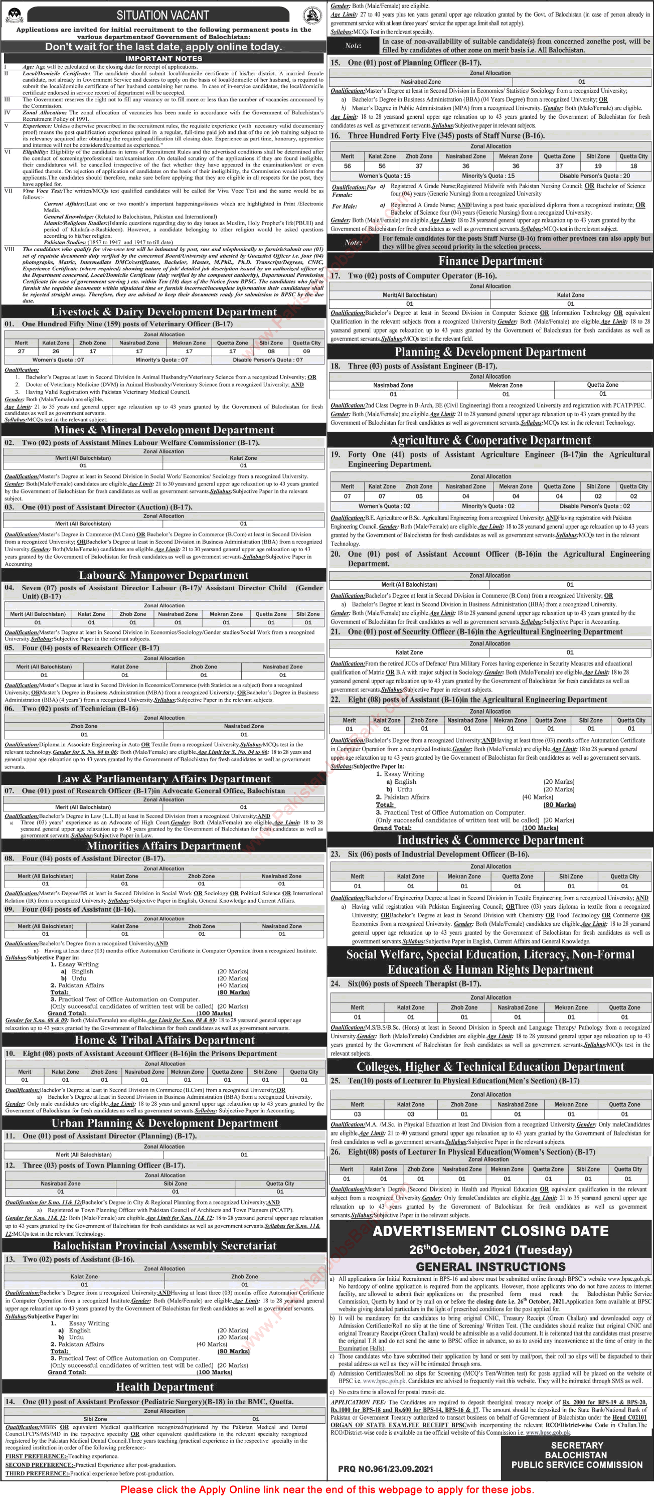 BPSC Jobs September 2021 Apply Online Balochistan Public Service Commission Latest