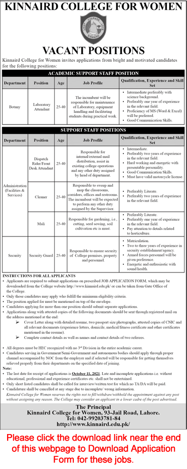 Kinnaird College for Women Lahore Jobs September 2021 Application Form Latest