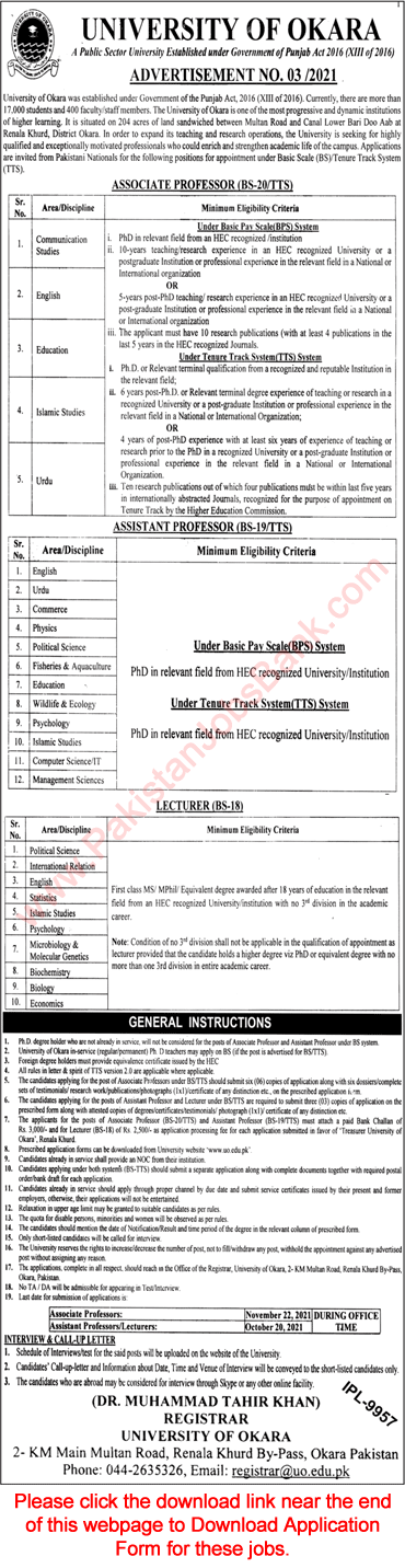 Teaching Faculty Jobs in University of Okara September 2021 Application Form Latest