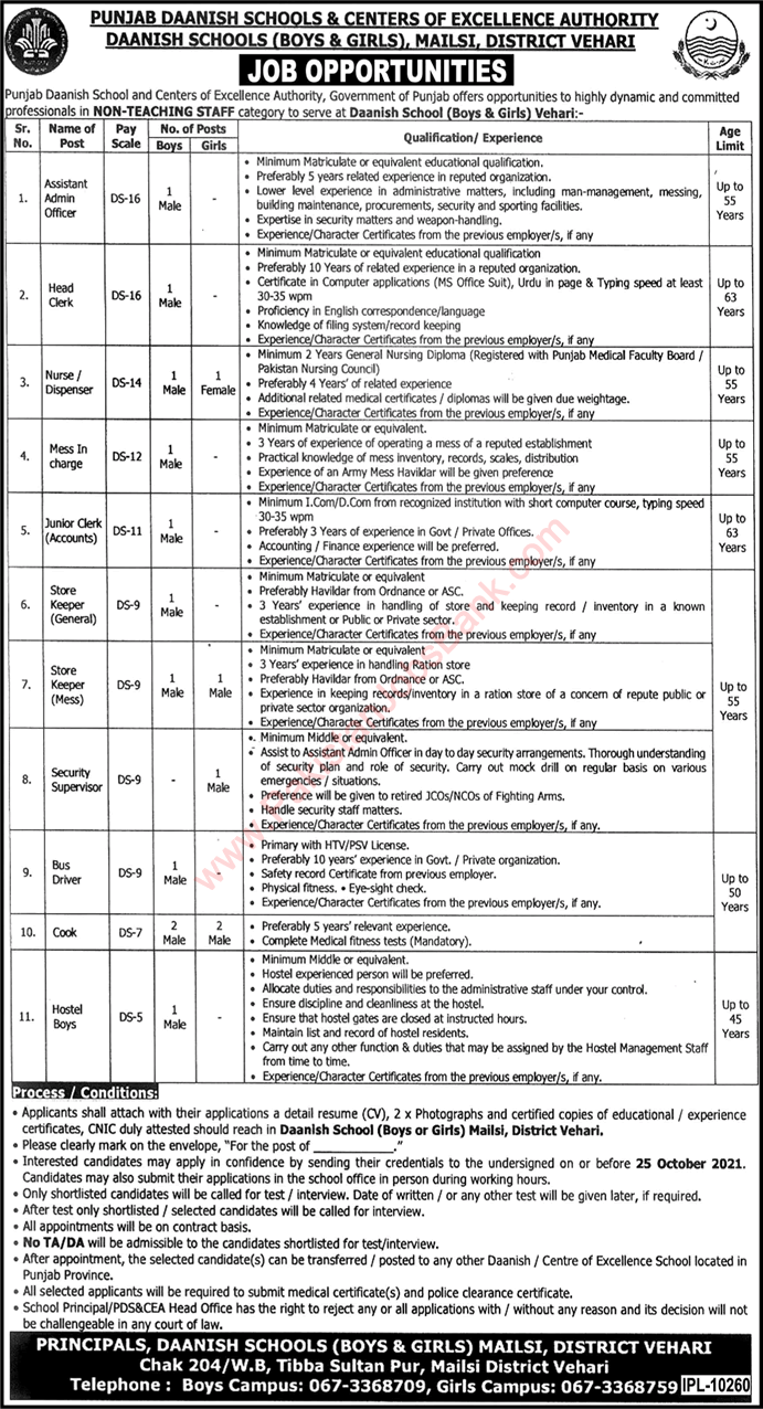 Punjab Daanish School Vehari Jobs 2021 October PDS&CEA Mailsi Center of Excellence Authority Latest