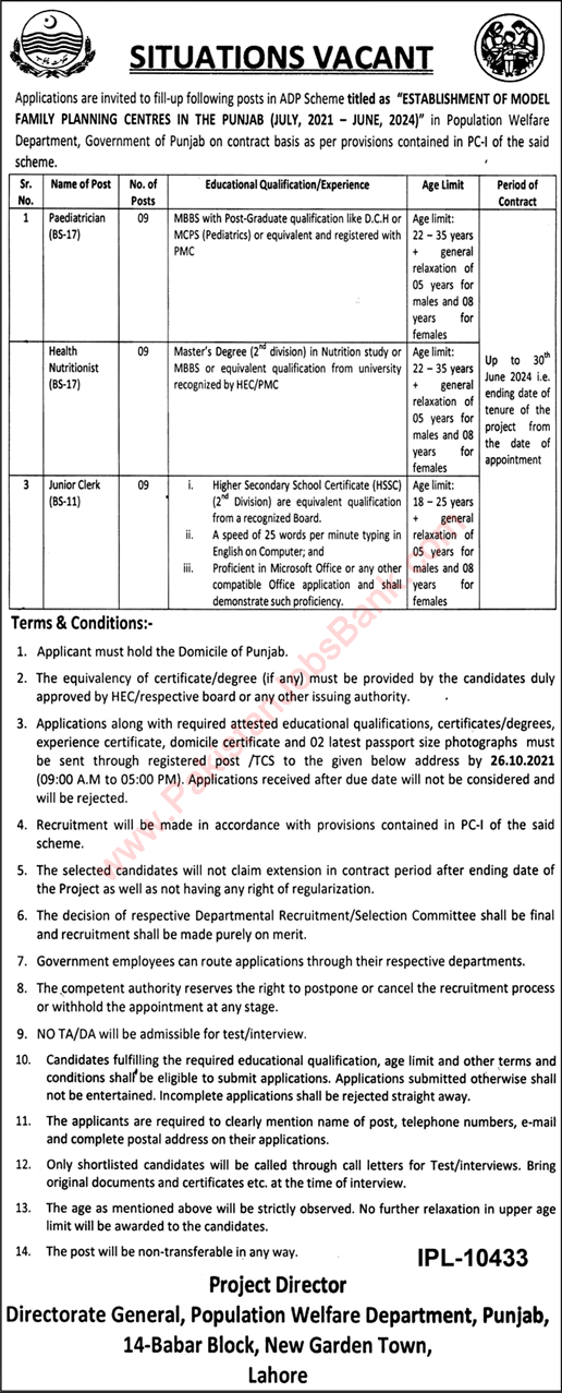 Population Welfare Department Punjab Jobs 2021 October Pediatricians, Health Nutritionists & Clerks Latest