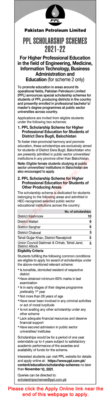 PPL Scholarship Scheme October 2021 Apply Online Pakistan Petroleum Limited Latest