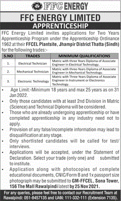 FFC Energy Limited Apprenticeship October 2021 Fauji Fertilizer Company Latest