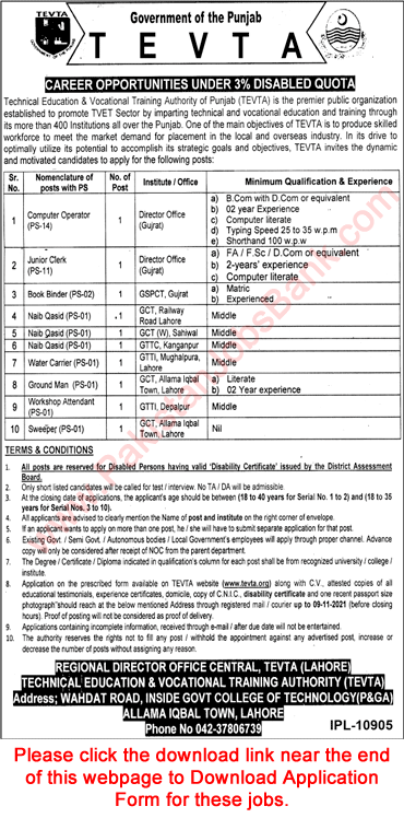TEVTA Punjab Jobs October 2021 Application Form Clerks,  Naib Qasid & Others Disable Quota Latest