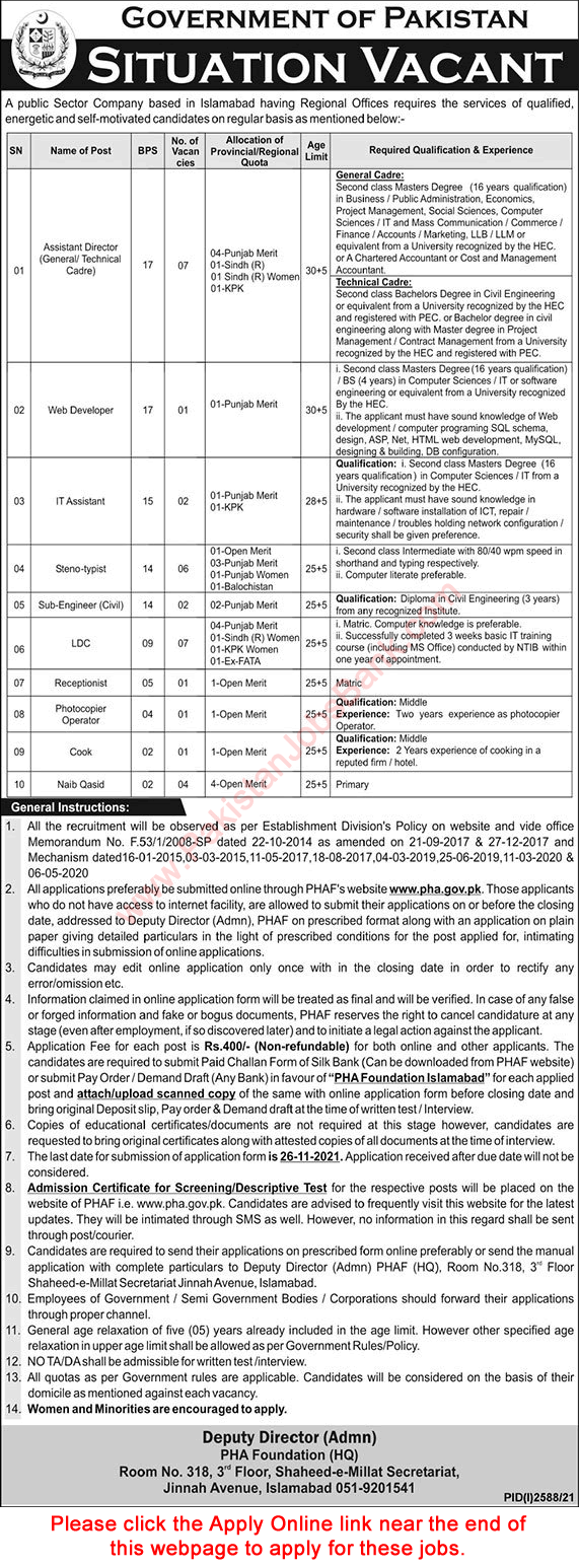 PHA Foundation Jobs 2021 October Online Apply Assistant Directors, Clerks & Others Latest