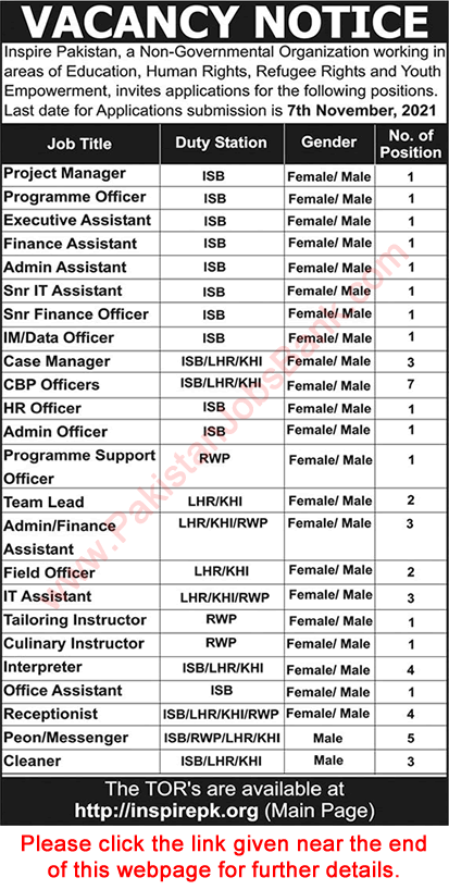 Inspire Pakistan NGO Jobs October 2021 November Field Assistants & Others Latest