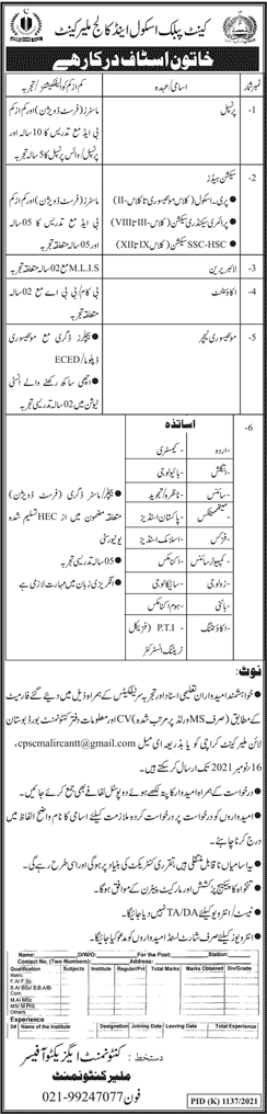 Cantt Public School and College Malir Cantt Karachi Jobs October 2021 November Teachers & Others Latest