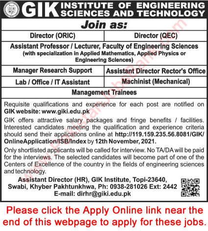 GIK Institute of Engineering Science and Technology Swabi Jobs November 2021 Apply Online Latest