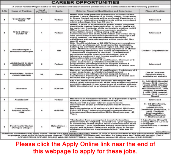 National TB Control Program Pakistan Jobs November 2021 Apply Online NTP Donor Funded Project Latest