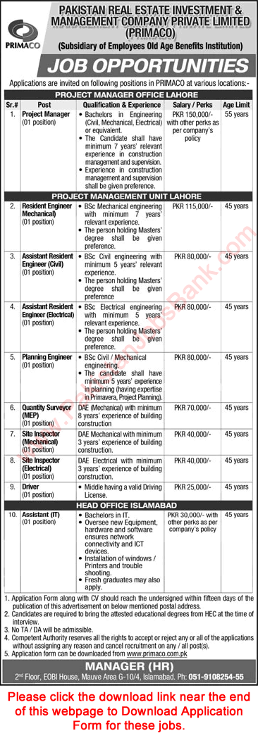 PRIMACO Jobs November 2021 Application Form Resident Engineers & Others Latest