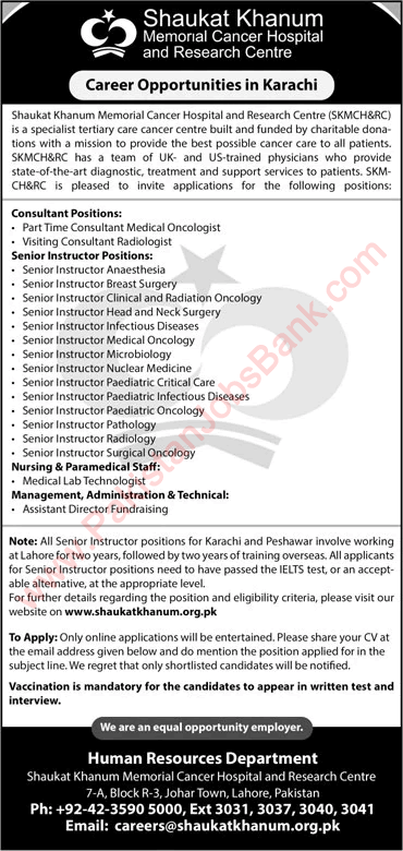 Shaukat Khanum Hospital Karachi Jobs November 2021 SKMCH Senior Instructors & Others Latest