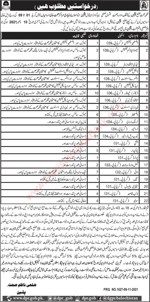 Health Department Pishin Jobs 2021 November Medical Technicians & Others Latest