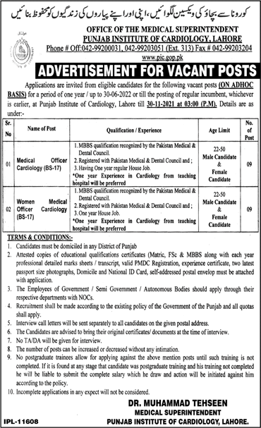 Women / Medical Officer Jobs in Punjab Institute of Cardiology Lahore November 2021 Latest