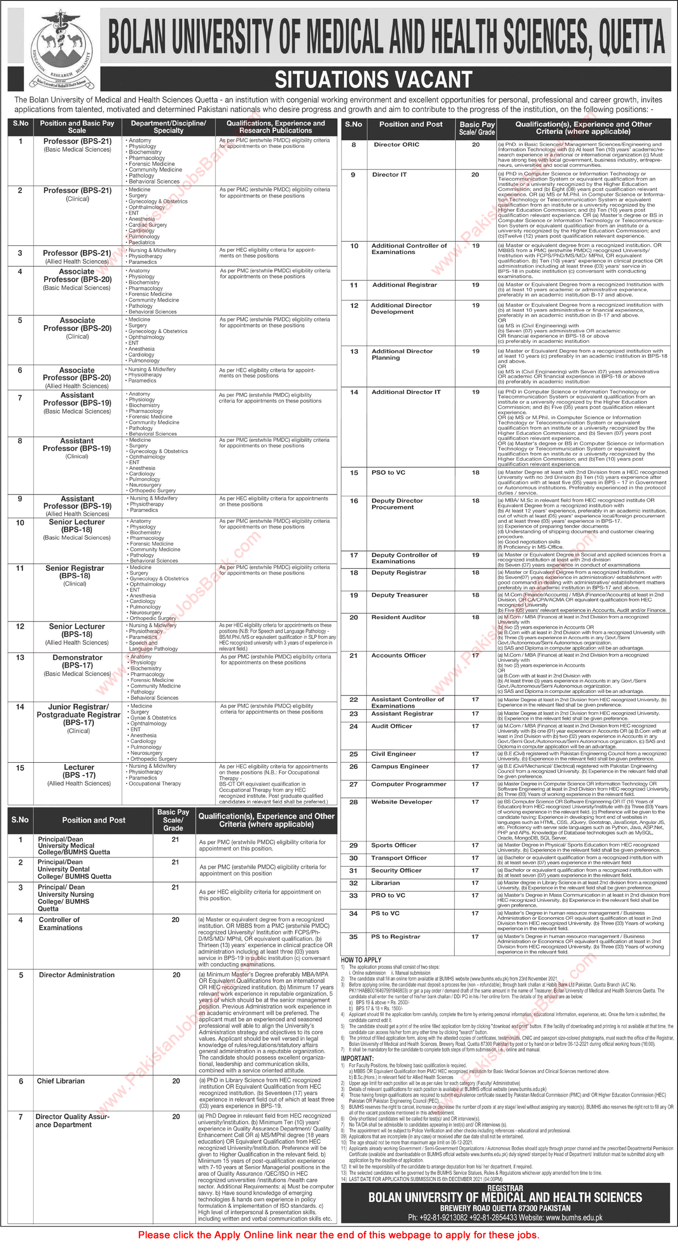 Bolan University of Medical and Health Sciences Quetta Jobs November 2021 BUMHS Online Application Form Latest