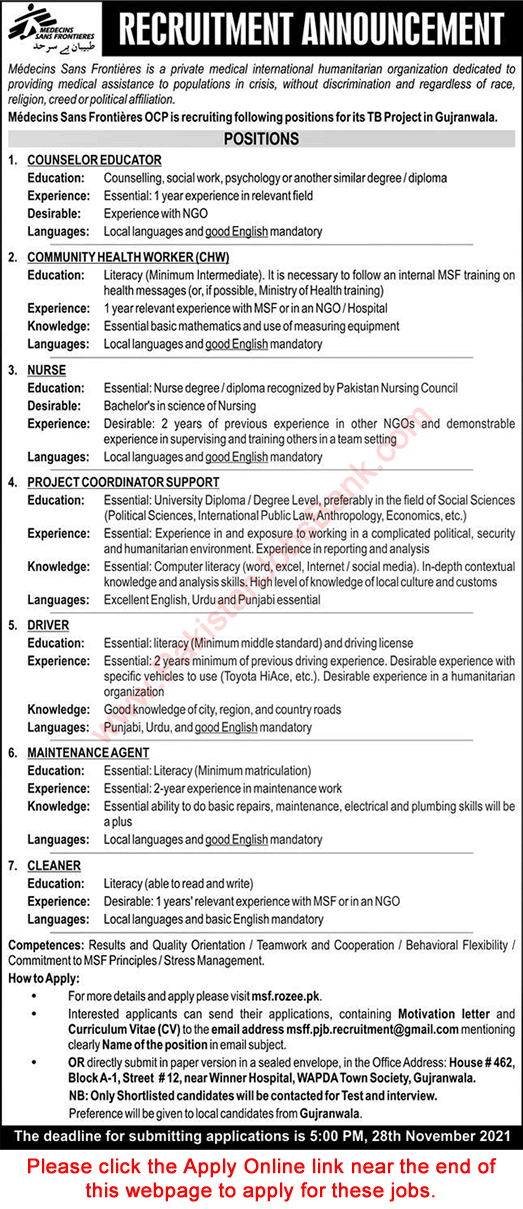 Medecins Sans Frontieres Pakistan Jobs 2021 November Apply Online TB Project Latest