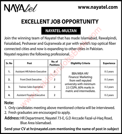 Nayatel Multan Jobs November 2021 Trainee Sales Executives, Finance Executive & Others Latest