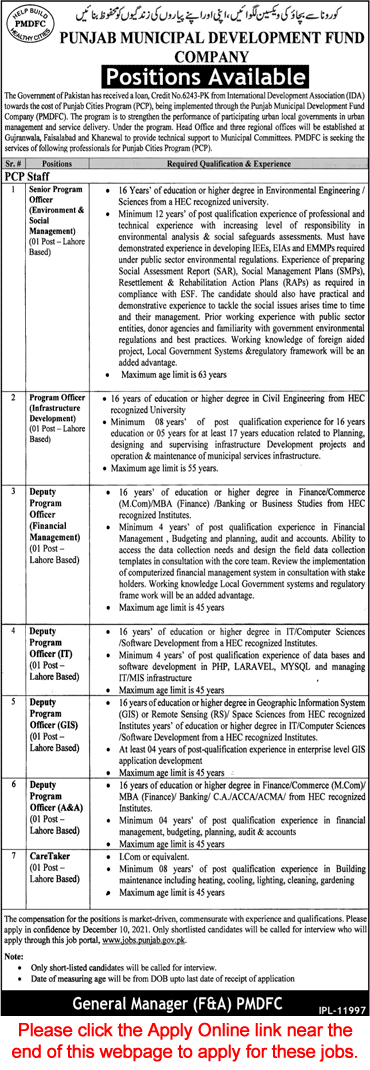 Punjab Municipal Development Fund Company Jobs November 2021 PMDFC Apply Online Program Officers & Others Latest