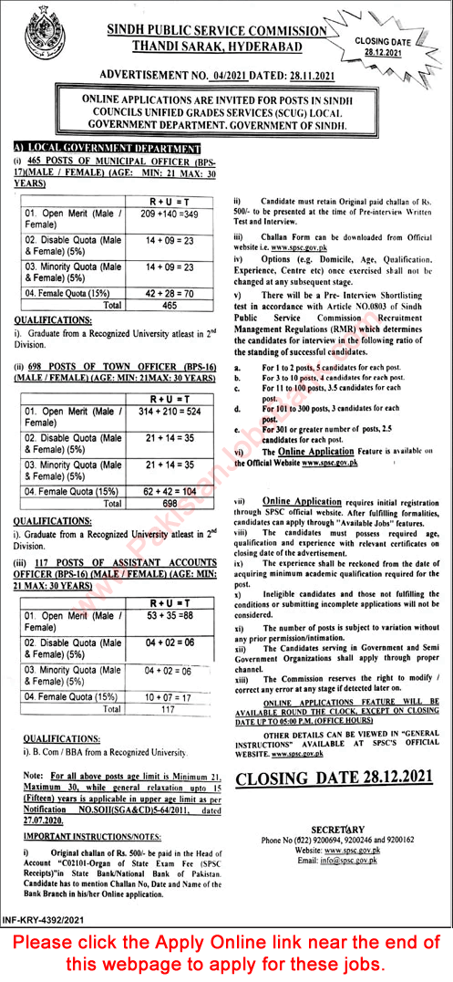 Local Government Department Sindh Jobs November 2021 December SPSC Apply Online Municipal / Town Officer & Others Latest