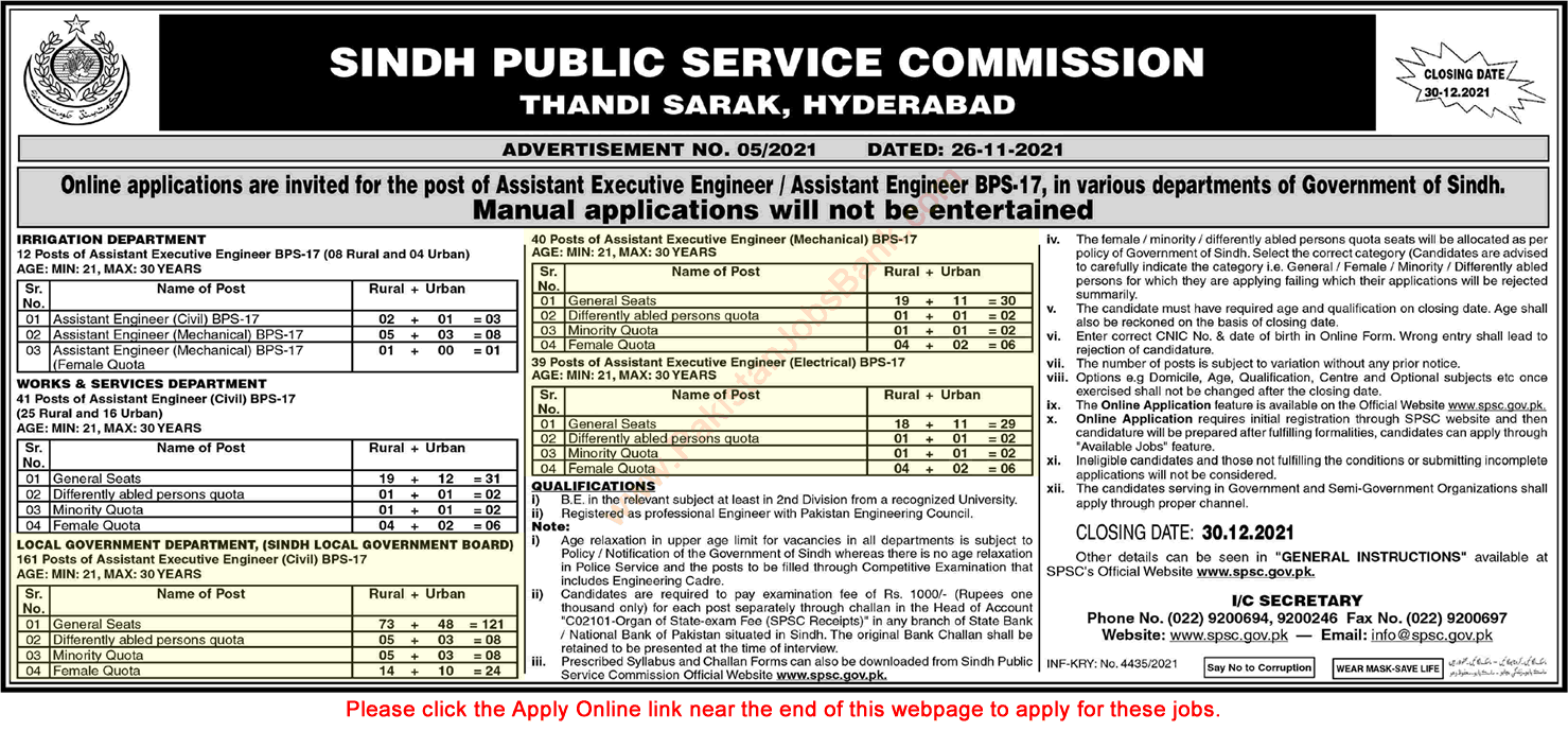 Assistant Executive Engineer Jobs in Local Government Department Sindh December 2021 SPSC Apply Online Latest
