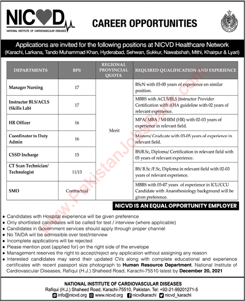 NICVD Jobs December 2021 Medical Officers, Nursing Manager, HR Officer & Others Latest