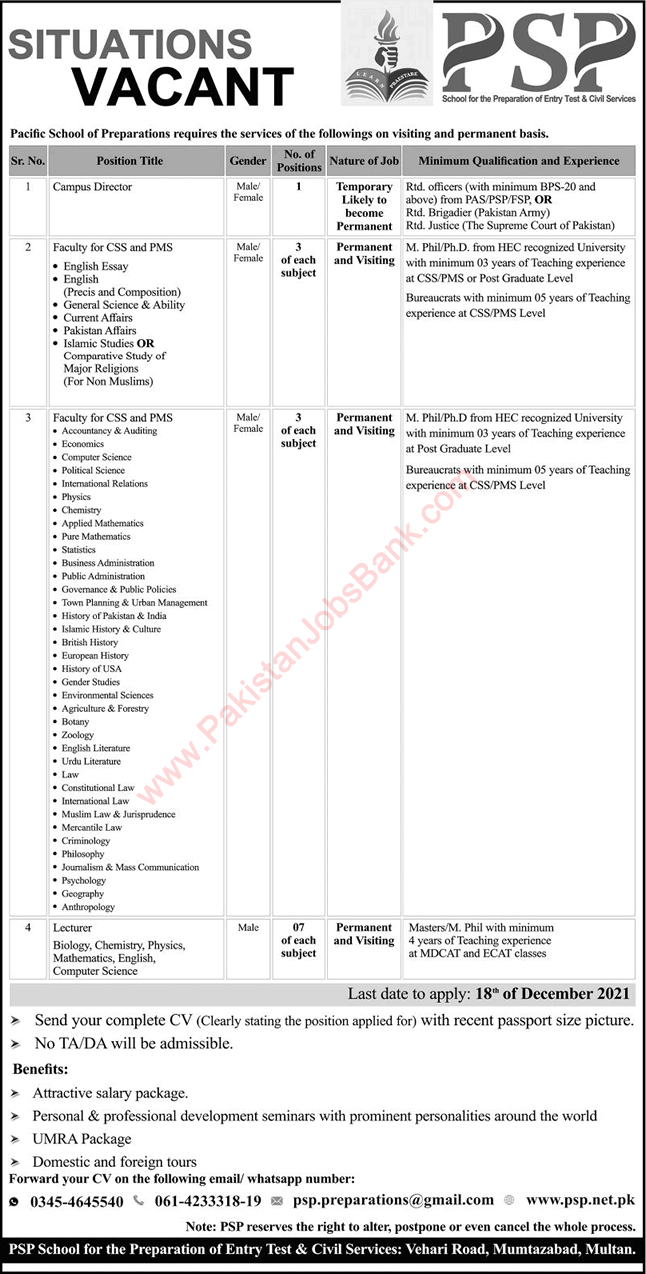 Pacific School of Preparations Multan Jobs 2021 December Teaching Faculty & Campus Director Latest