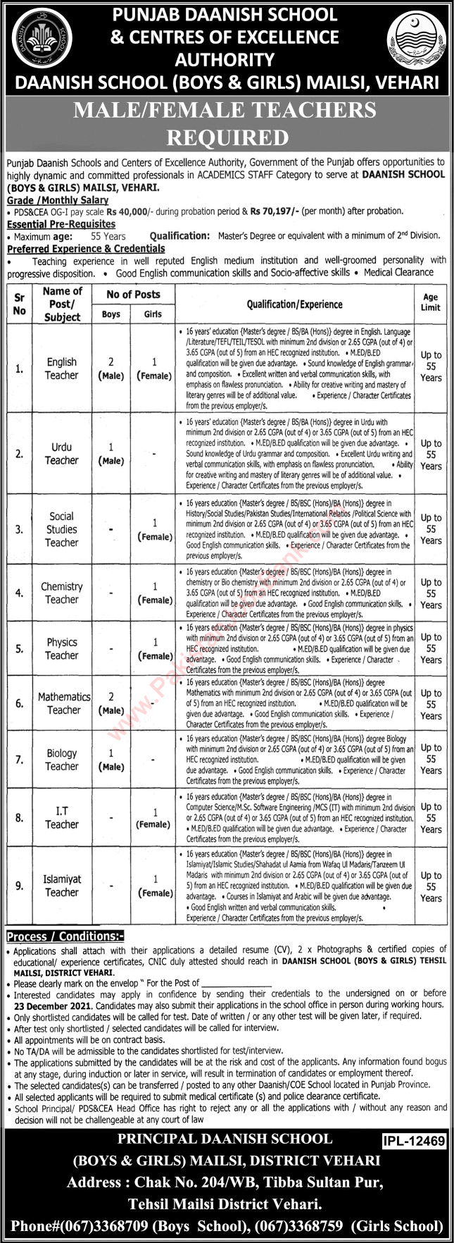 Danish School Mailsi Vehari Jobs December 2021 Teachers Center of Excellence Authority PDS&CEA Latest