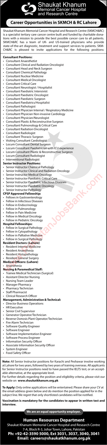 Shaukat Khanum Hospital Jobs December 2021 SKMCH&RC Medical Consultants & Others Latest